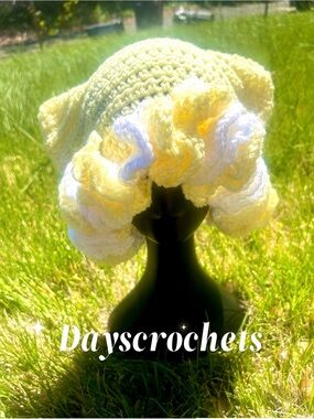 Yellow & White Crochet Ruffle Hat for Women